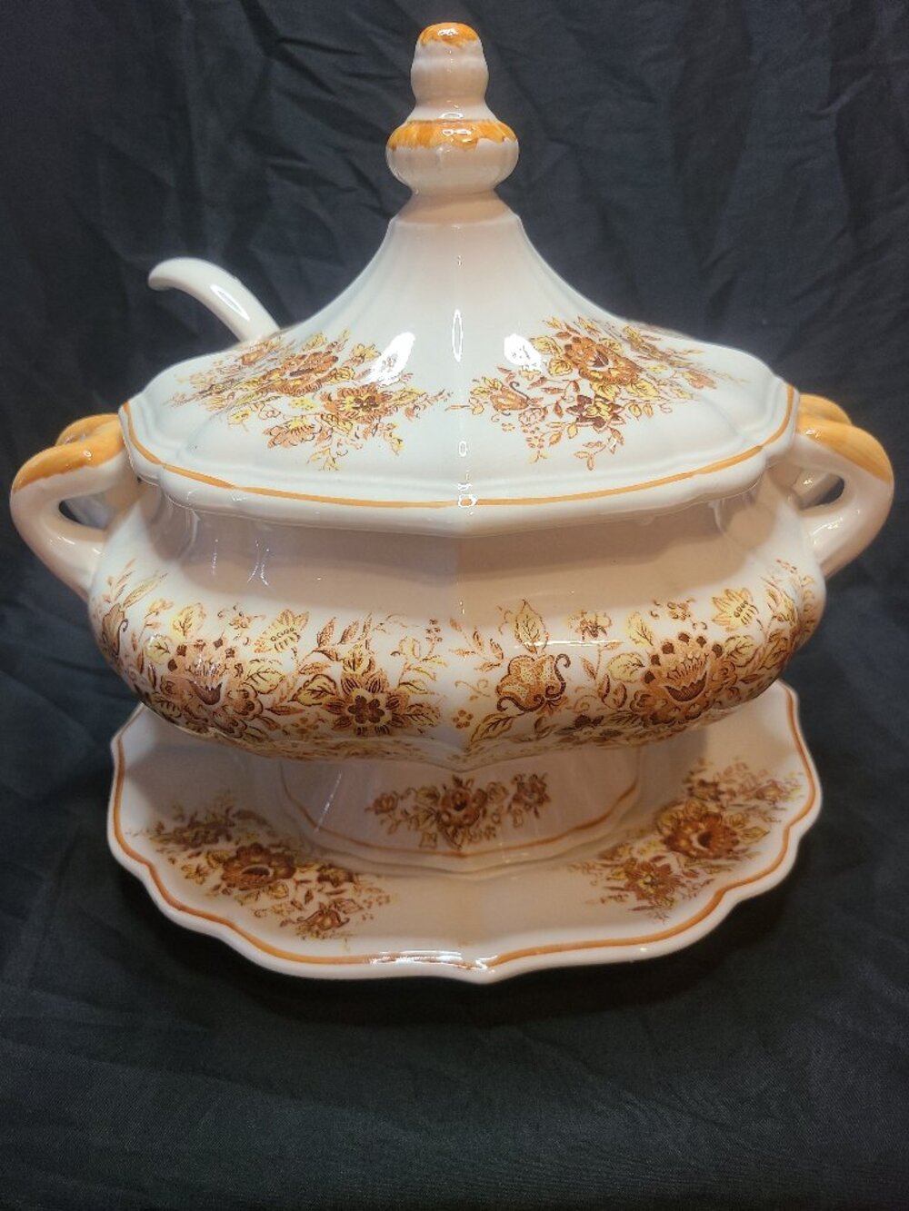 Vintage Japanese Porcelain 4 Piece Soup Tureen Set Brown/Orange Floral Design